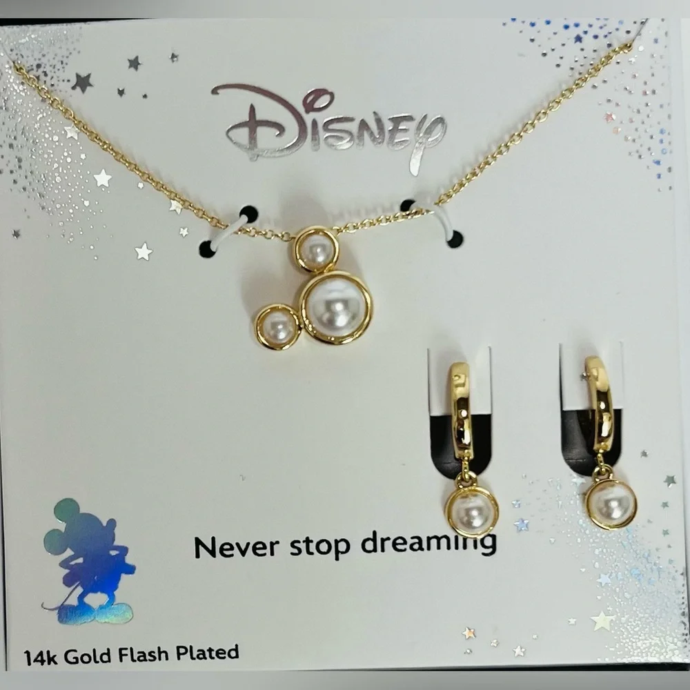 Disney Glass Cultivated Pearl Mickey Pendant Necklace and Hoop Earring Set